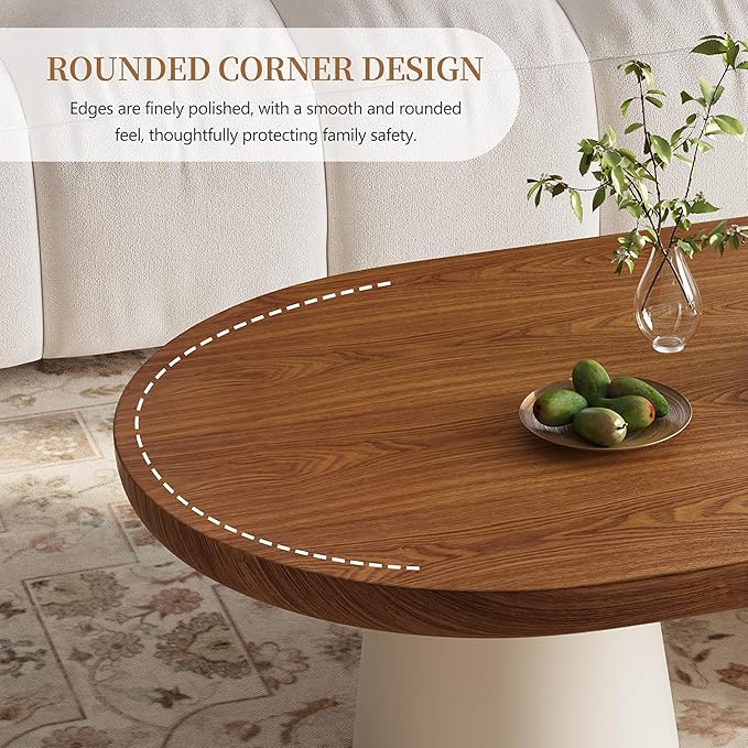 Oval Modern Coffee Table - Minimalist Wooden Coffee Table with White Stable Legs, 51.2" Center Table for Living Room, Apartment, Office, Walnut