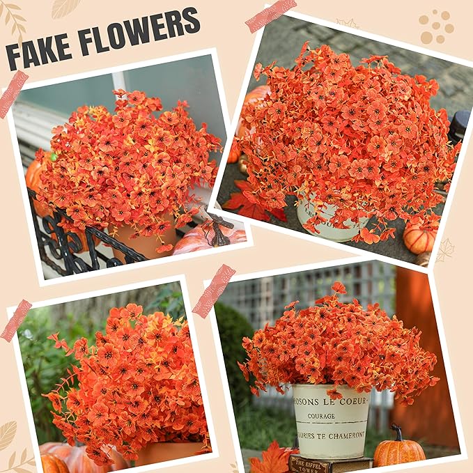 Der Rose 12 Bundles Faux Artificial Mums for Outdoors Fake Fall Flowers Plants Fall Decoration UV Resistant for Outside Home Porch Patio Garden Decor（Orange）