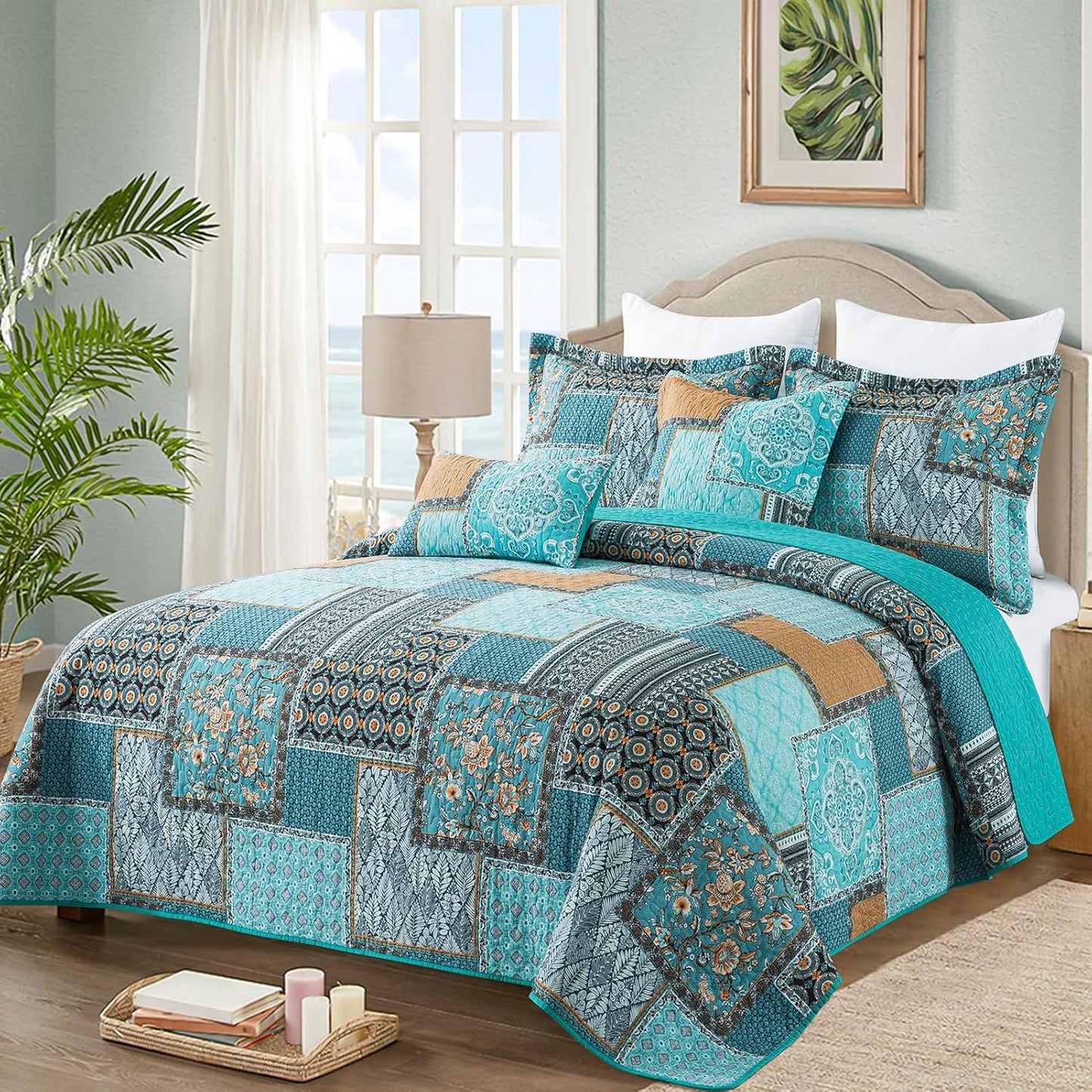 VAPUTAR Cotton Quilt Queen Size Bedding Set - 3 Pieces Queen Quilt Bedding Set, Boho Queen Size Quilts, Lightweight Reversible Coverlets Bedspreads for Farmhouse Bedroom (Teal/Green Chic)