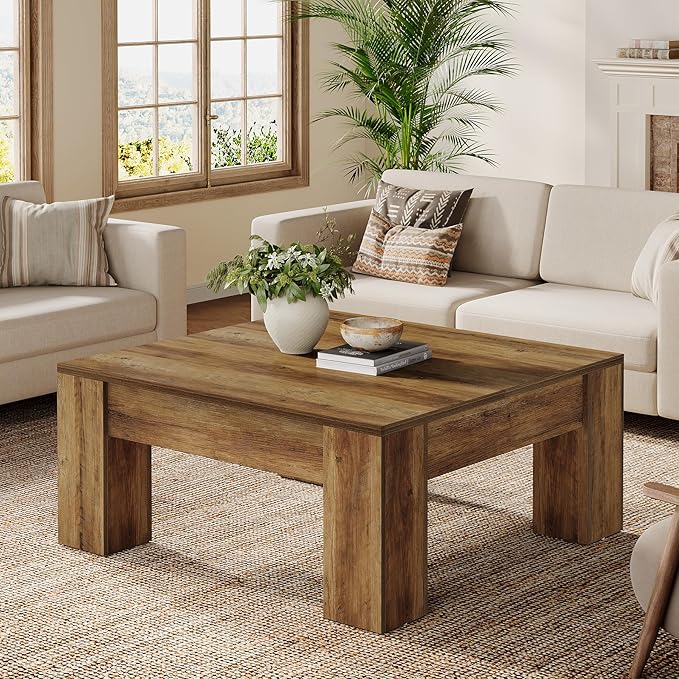 Tribesigns Square Coffee Table, 39-Inch Farmhouse Wooden Coffee Table with Sturdy Legs, Rustic Accent Center Table for Living Room, Easy Assembly, Rustic Brown