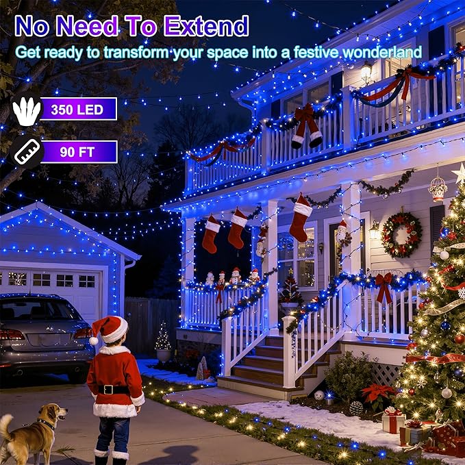 350LED 90FT Christmas Lights Indoor Outdoor, 12 Modes Blue Outdoor String Lights with Timer Dimmable, Waterproof Green Wire Christmas String Lights for Christma Tree Patio Fence Balcony Garden Party