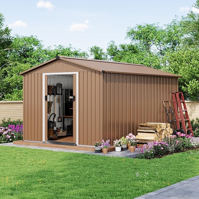 8X12 Ft Outdoor Metal Storage Shed with Roof, Weatherproof Steel Tool Shed with Lockable Door for Lawn Mower, Bike & Garden Equipment Storage