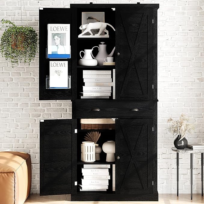 IRONCK Kitchen Pantry Storage Cabinet 72.6" H, with Barn Doors, Drawer, 4 Adjustable Shelves, Freestanding Cupboard for Dining Room Living Room, Laundry, Black