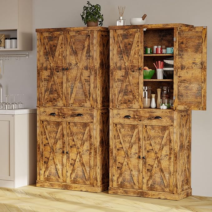 IRONCK Kitchen Pantry Storage Cabinet 72.6" H, with Barn Doors, Drawer, 4 Adjustable Shelves, Freestanding Cupboard for Dining Room Living Room, Laundry, Vintage Brown