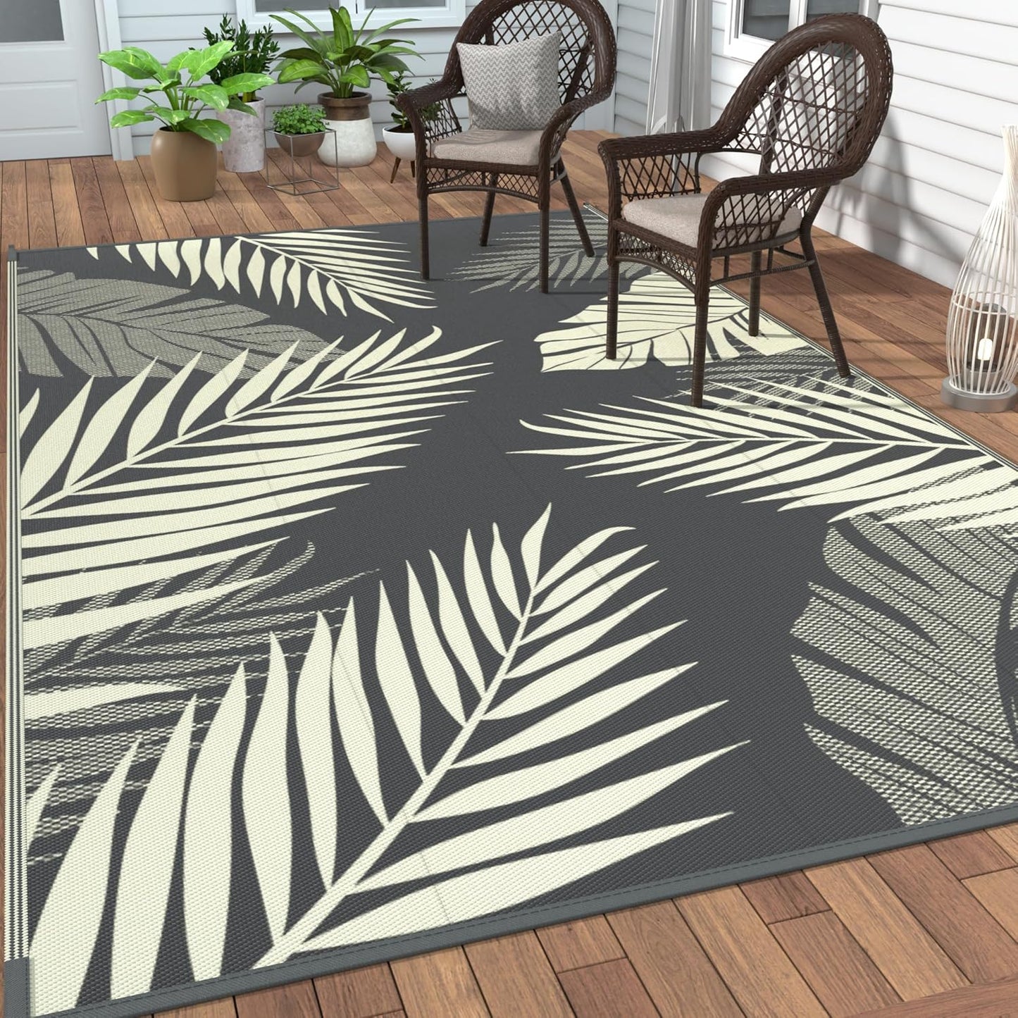 GENIMO Outdoor Rug 6' x 9' Waterproof for Patios Clearance, Reversible Plastic Straw Camping Carpet, Large Area Rugs Mats for RV, Picnic, Backyard, Deck, Balcony, Porch, Beach, Yellow&Grey
