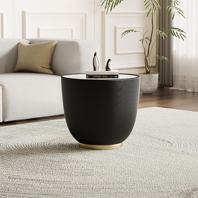 Round Living Room Table Set, 29.53" Orange Drum Center Table and 19.69" Black Coffee Table Set, 2 Pieces Coffee Table Set with Sintered Stone Tabletop, Fluted PU Leather Covered and Metal Base