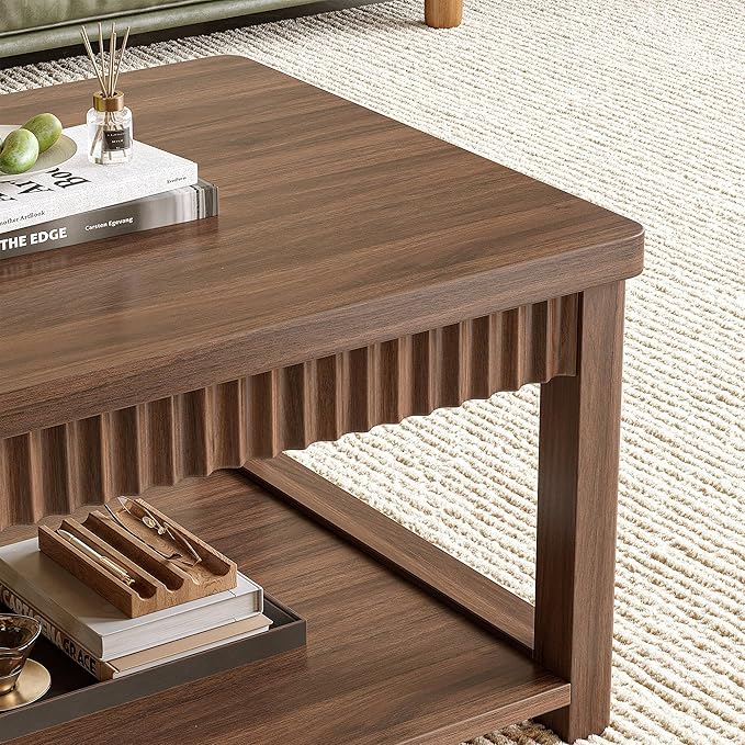 Coffee Table, 39 Inch Modern Coffee Tables for Living Room with 2-Tier Storage & Wave-Edge, Walnut Center Table for Bedroom/Office