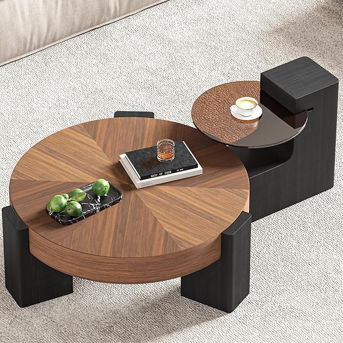 Round Wood Coffee Table Set of 2 Modern, Thickened Top & Leg Supports, Center Coffee Table and Glass Top End Table Sets for Living Room, Small Spaces, Home Office, Easy Assembly, Black & Walnut