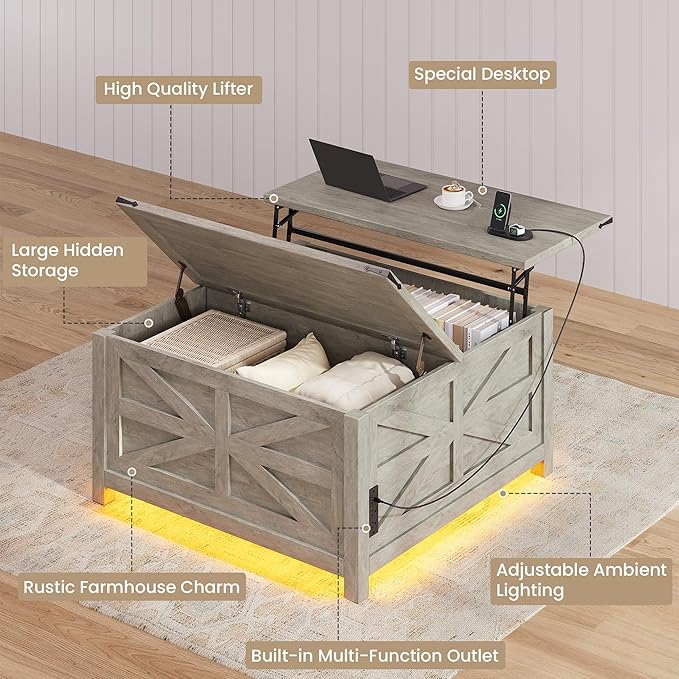 Farmhouse Coffee Table with Lift Top Storage, Square Wood Center Table, USB Charging Station,Grey