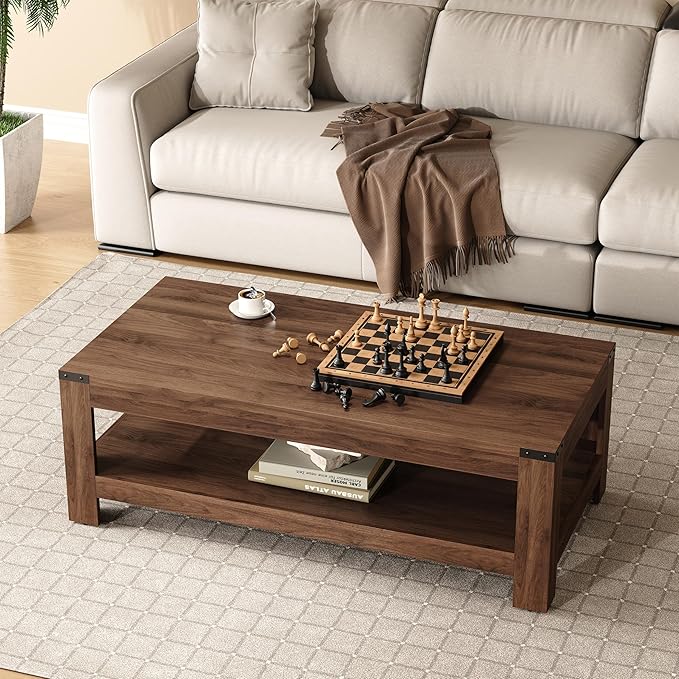 Farmhouse Coffee Table, Modern Rustic Wooden Center Table with Storage, Living Room Tables, 2-Tier Industrial Cocktail Tea Table for Living Room (Walnut, 47.2 in)