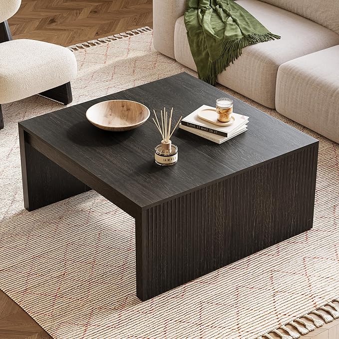 LITTLE TREE Square Coffee Table, 39.4-Inch Fluted Coffee Tables, Mid-Century Modern Center Cocktail Table for Living Room Bedroom, Easy Assembly, Black