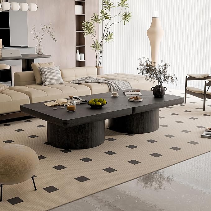Square Coffee Table with Round Wood Pedestal Coffee Tables for Living Room, Modern Rustic Center Table Easy Assembly Black-ø34.6"&ø34.6 ø14.9