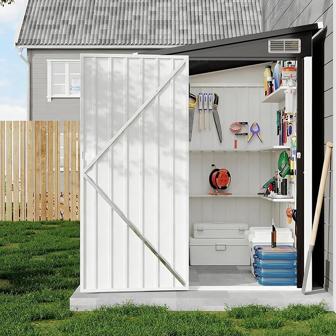 4x8 FT Metal Outdoor Lean to Storage Shed, Lean to Garden Shed Utility Tool Shed, Heavy-Duty Outdoor Metal Wall Side Storage Sheds