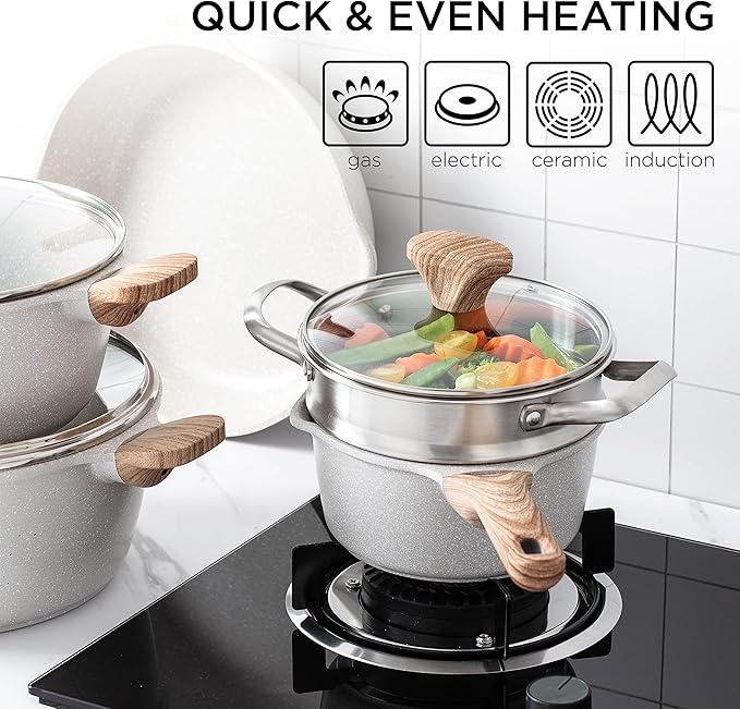 Country Kitchen Non-Stick Cast Aluminum Cookware Set - Durable Kitchen Cookware for Everyday Cooking, Cream, 15 Pc.