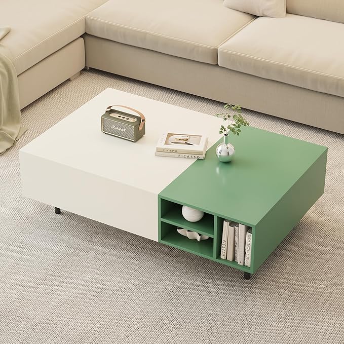 51.18" Modern Minimalist Coffee Table with Sliding Drawers & Open Storage Shelves, Storage Coffee Table for Apartment, Living Room,or Office, White & Green
