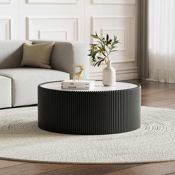 29.52" Black Round Coffee Table, Drum Coffee Table with Sintered Stone Tabletop and Fluted PU Leather Covered and Stable Base, Circle Cocktail Tea Table for Living Room