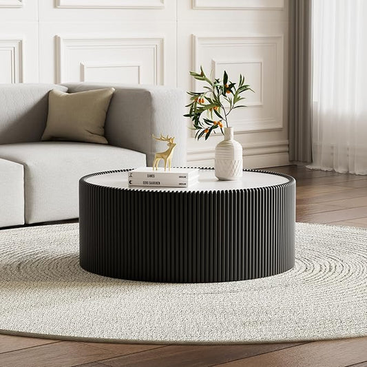 29.52" Black Round Coffee Table, Drum Coffee Table with Sintered Stone Tabletop and Fluted PU Leather Covered and Stable Base, Circle Cocktail Tea Table for Living Room