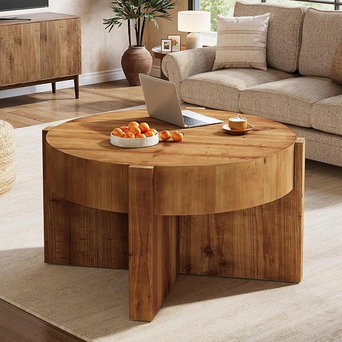 Solid Wood Coffee Table, 32 Inch Round Coffee Table for Living Room, Large Farmhouse Center Table with Thick Tabletop for Home, Easy Assembly, Rustic Brown