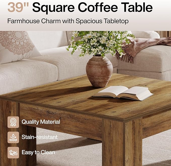 Tribesigns Square Coffee Table, 39-Inch Farmhouse Wooden Coffee Table with Sturdy Legs, Rustic Accent Center Table for Living Room, Easy Assembly, Rustic Brown