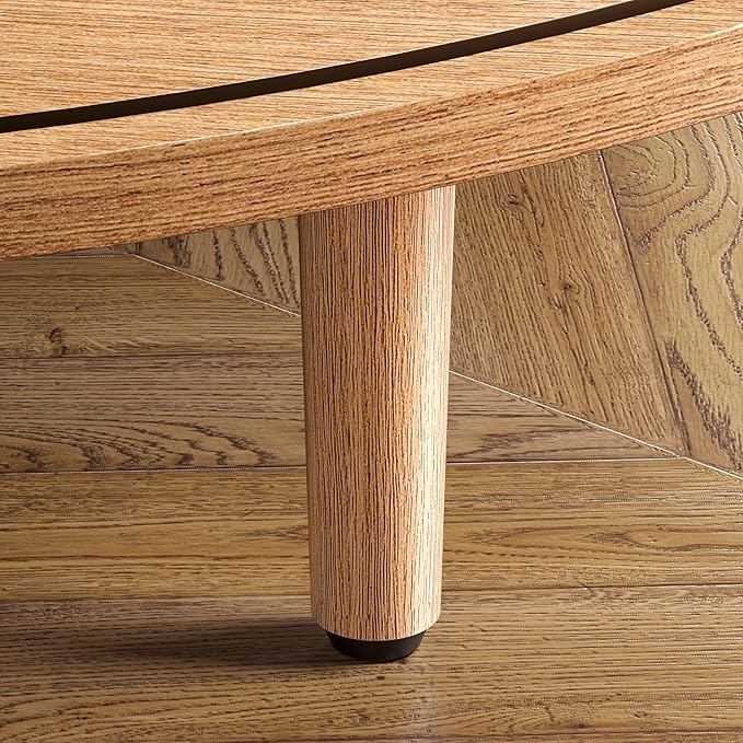 Round Coffee Table, 31.5" Fluted Center Table with Storage, Lift-Top Coffee Table with Adjustable Footpads, Sliding Door, Mid-Century Modern Center Table for Living Room, Small Space (Nature)