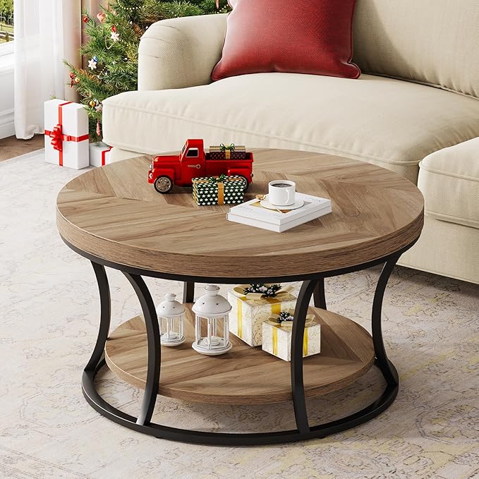 Round Coffee Table for Living Room, 2-Tier Circle Coffee Table with Storage, Accent Center Table Modern Design, Wooden Grain and Black