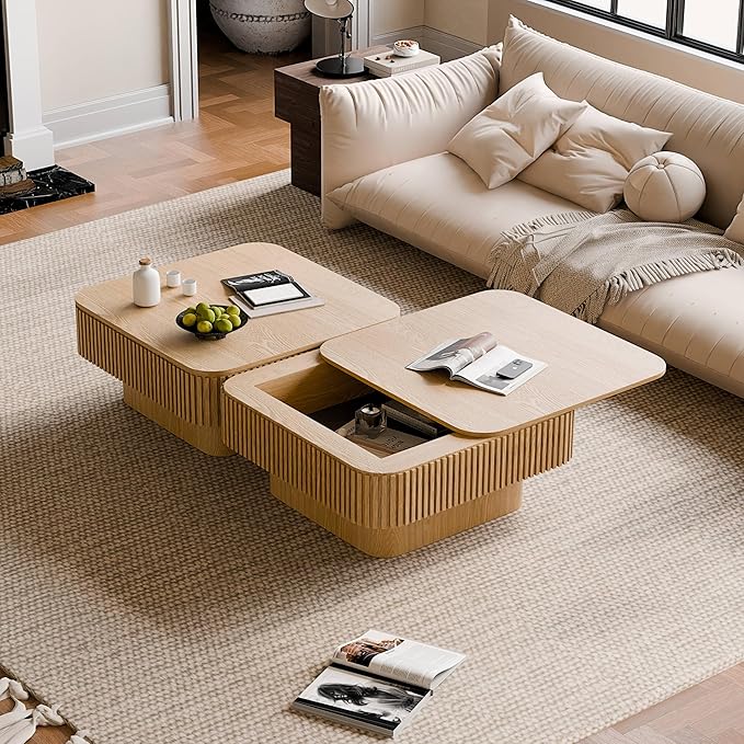 31.5'' Square Coffee Table with Storage, Mid Century Modern Fluted Drum Center Tables with Lid, Solid Wood Modern Coffee Table Accent Tea Table for Living Room, Bedroom, Apartment or Office, Natural