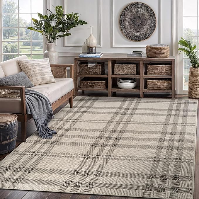 CAMILSON Easy Jute Rug 5x7, Indoor Outdoor Off-White Color Fiber Area Rugs for Living Room Patio and Kitchen Rug Checkred Boho Woven Design, Easy-Cleaning, Washable Outside Carpet (5 x 7)