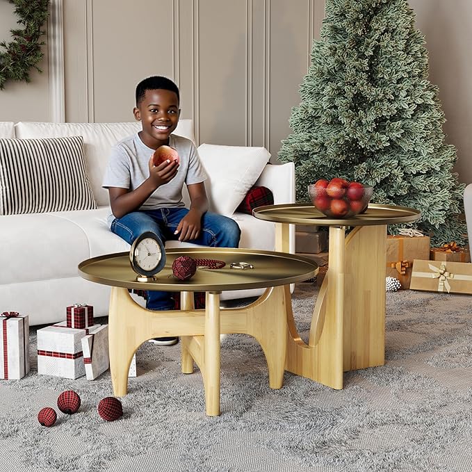 ACEDÉCOR 30“ Round Coffee Table, Brushed Gold Center Table with Low-Rim Edge Tray Top and Solid Wood X-Cross Base for Living Room Office Apartment