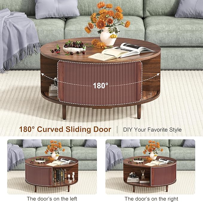 Round Coffee Table, 31.5" Fluted Center Table with Storage, Lift-Top Coffee Table with Adjustable Footpads, Sliding Door, Mid-Century Modern Center Table for Living Room, Small Space (Walnut)