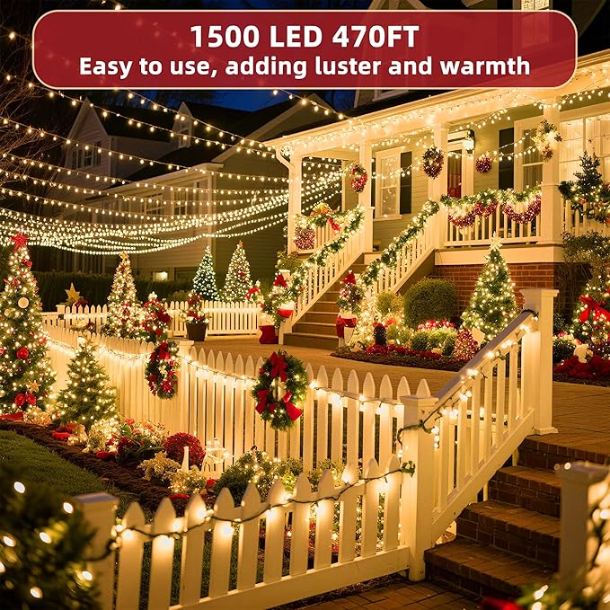 470FT Christmas Lights Outdoor,1500 LED Christmas Tree Decoration Lights with 12 Modes & Timer Memory, Dimmable Plug In Waterproof LED Xmas Light for Yard Trees Halloween Party Holiday Warm White