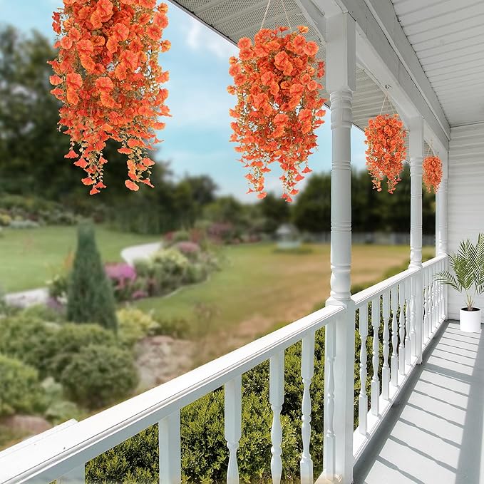 Artificial Fake Hanging Flowers Plants for Outdoor Outside Spring Summer Decoration 2PCS Faux Silk UV Resistant Realistic Morning Glory with Eucalyptus for Home Porch Patio Balcony(Fall Orange)