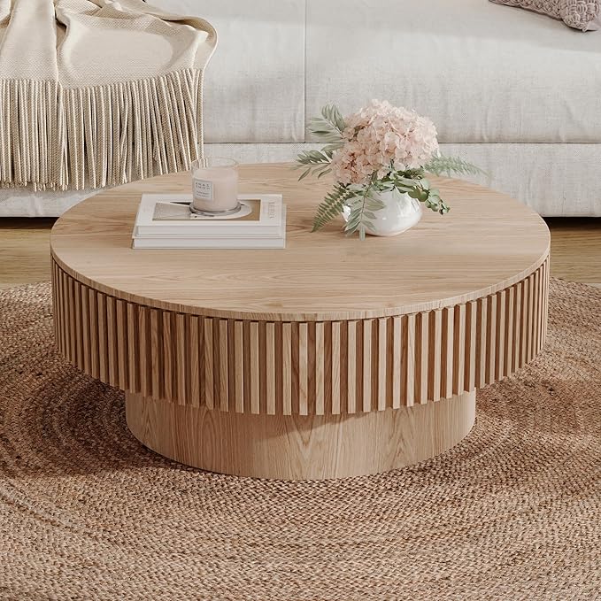 31.5" Round Coffee Table with Hidden Storage Compartment, Modern Handcraft Fluted Drum Coffee Table, Wooden Circle Center Table Cocktail Tea Table with Sturdy Pedestal for Living Room,Natural