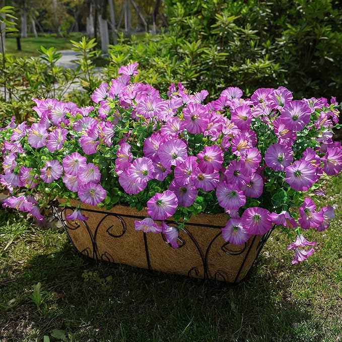 HyeFlora Artificial Flowers for Outdoors Fake Plants Outside Decoration, 12 Bundles Silk Purple Morning Glory UV Resistant Look Real Faux Flowers for Planter Front Door Porch Patio Yard Gardens Home