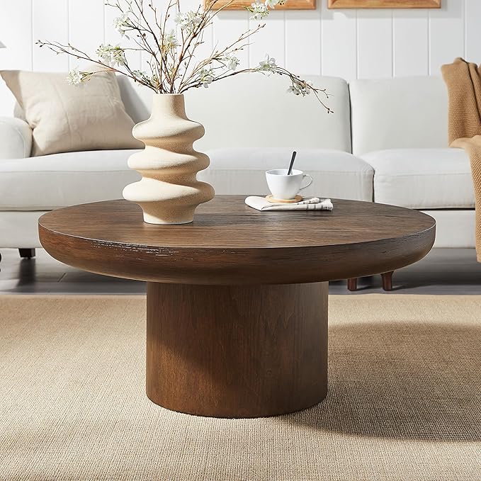 36" Round Coffee Table Solid Wood Coffee Table for Living Room Rustic Retro Circle Coffee Table Pedestal Center Table for Apartment, Easy Assembly (Dark Brown)
