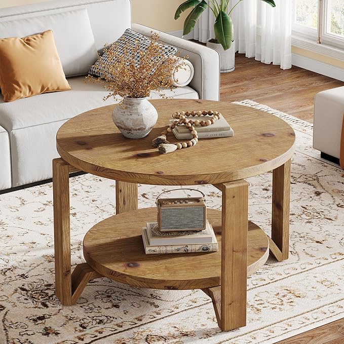 Tribesigns 30" Solid Wood Coffee Table, Round Small Coffee Table with 2-Tier Storage for Living Room, Farmhouse Brown Round Solid Wood Accent, Circle Center Furniture with Natural Texture Design