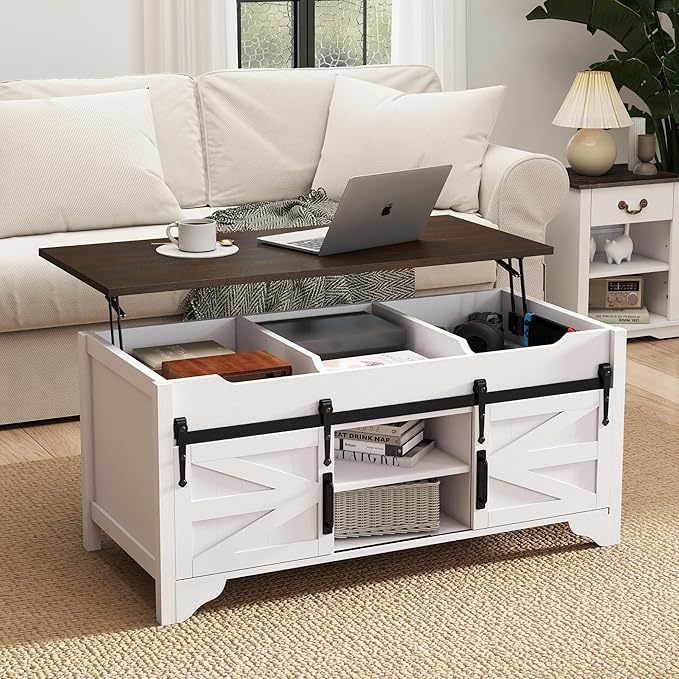 47.64" W Lift Top Coffee Table with Sliding Barn Door Rustic Rectangle Storage Coffee Tables, Wood Center Table with Hidden Storage Compartment for Home, Office, White and Brown