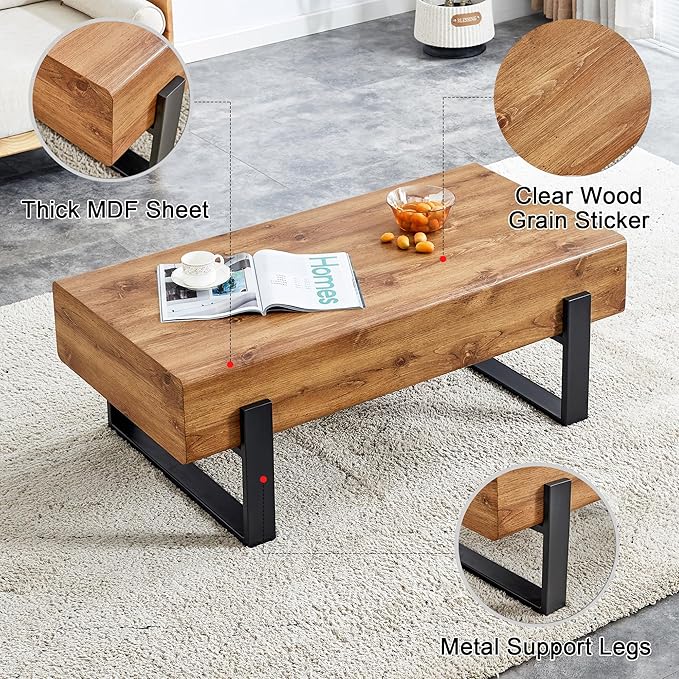 LKTART 47.24'' Modern Rectangle Coffee Table Black Metal Legs for Living Room Dining Room Bedroom Office