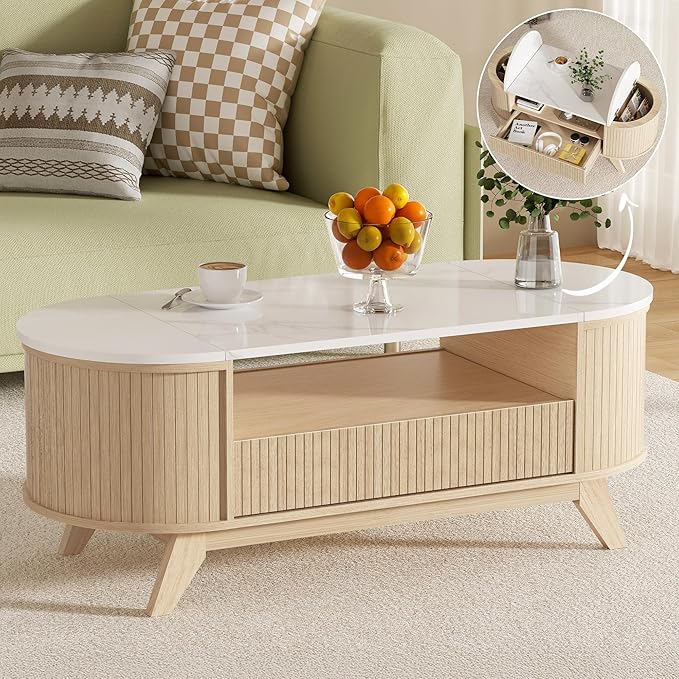 Coffee Table with Storage, Mid Century Modern Center Table for Living Room, Oval Fluted Coffee Table with Hidden Storage Space, Open Shelf & Drawer, Natural Wood