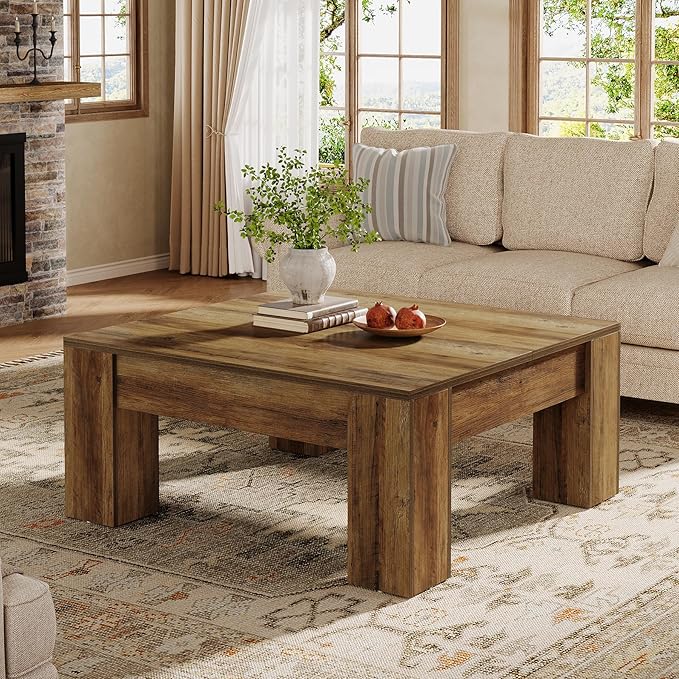 Tribesigns Square Coffee Table, 39-Inch Farmhouse Wooden Coffee Table with Sturdy Legs, Rustic Accent Center Table for Living Room, Easy Assembly, Rustic Brown
