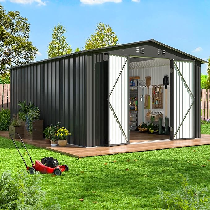 10X10 FT Outdoor Storage Shed, Metal Garden Tool Shed with Updated Frame Structure and Lockable Doors, Ideal for Backyard Garden Patio Lawn