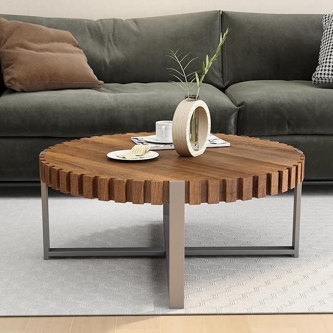 Modern Wood Round Coffee Table for Living Room, Farmhouse 31.5" Modern Compact Coffee Table, Wood Gear Table Top with Cross Metal Base, Drum Center Table for Living Room Apartment, Walnut