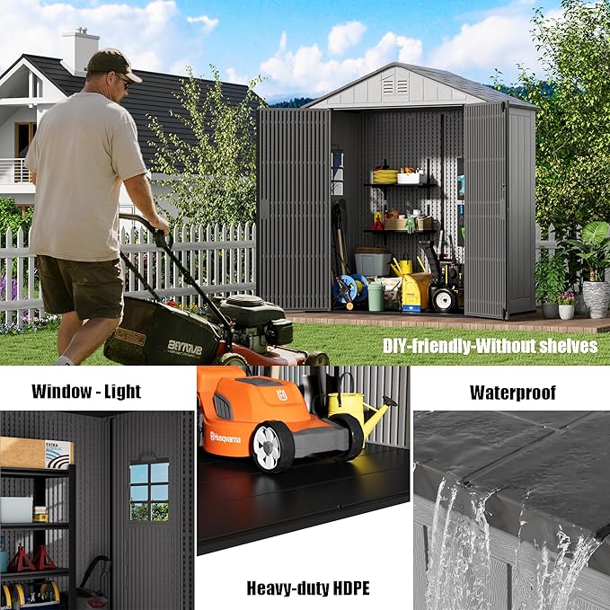 6x3.6 FT Storage Shed with Floor,HDPE Resin Outdoor Storage Shed Weather Resistant,Lockable Garden Sheds with Windows for Home/Garden Tools/Backyard/Lawn Mower/Bike Storage(Gray)