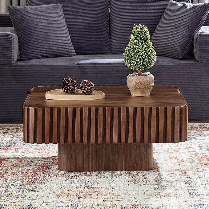31.5" Square Coffee Table with Sturdy Base, Modern Luxury Wood Drum Center Tables,Small Wooden Accent with MDF, for Living Room, Minimalist Fluted Design-Walnut