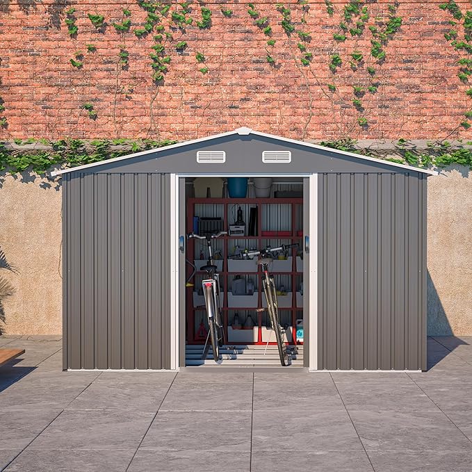 10x8 FT Outdoor Storage Shed with Floor Frame, Metal Sheds Included Double Air Vents & Lockable Sliding Door Foundation Steel Garden Tool Shed with Waterproof Roof Ideal for Backyard Patio Dark Gray