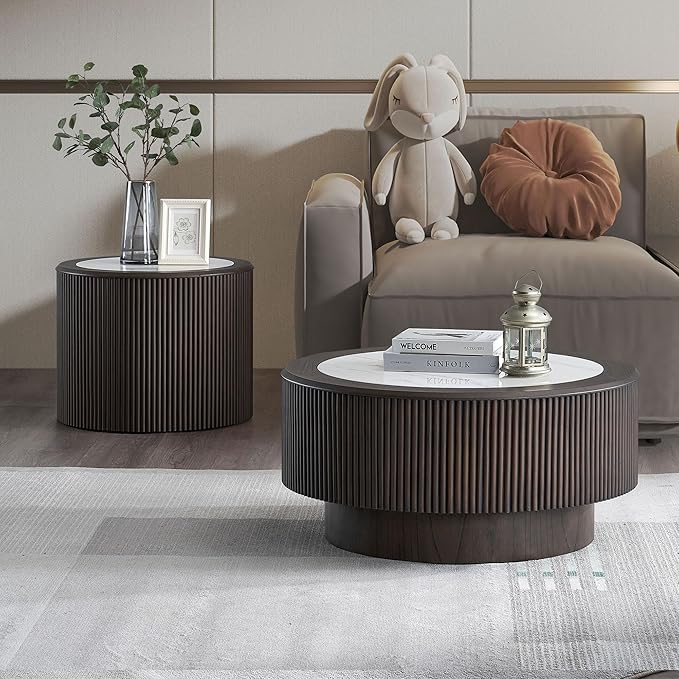 Round Coffee Table with Marble Tabletop for Living Room Mid Century Modern Fluted Circle Coffee Table with Pedestal Wood Center Tables Accent Tea Table for Apartment, 31.5'' Dark Brown