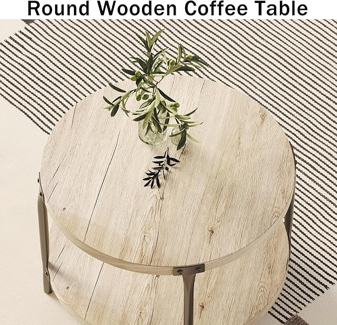 Wooden Round Coffee Table, 2-Tier Coffee Table, 29.61” Center Table with Metal Legs & Open Storage, Center Accent Table for Living Room, Natural Wood Color
