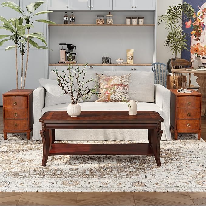 Solid Wood End Table with 3 Drawers, Cherry Red American Style Beside Table with Slide-Out Coffee Tray, Sofa Chair Side Table Nightstand for Living Room Bedroom, Rustic Wood Grain Accent Table 1569MG