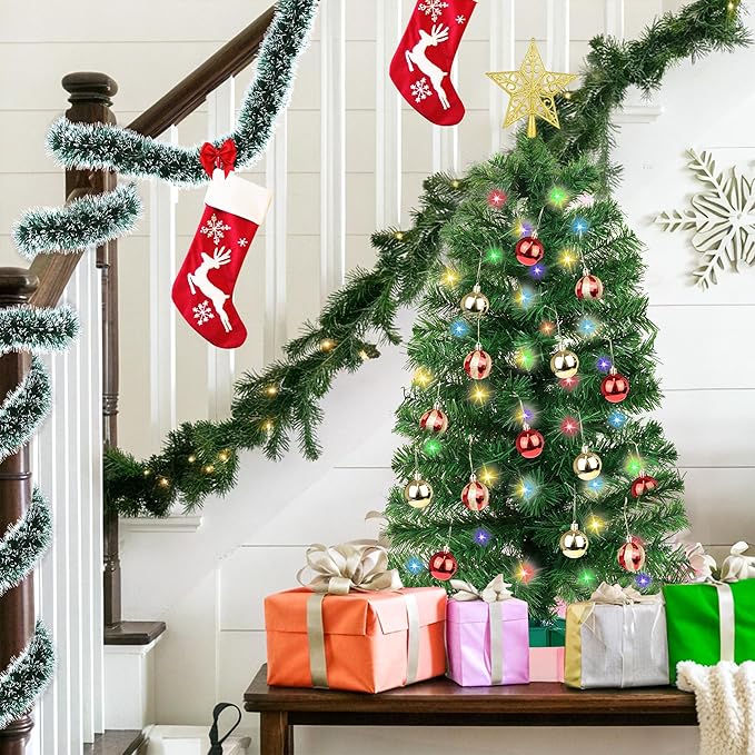 3 Ft Green Christmas Tree 12 Modes Dual Color Change Timer DIY 50 Warm White & Multicolor Lights Star 15 Ball Ornaments Battery Operated Small Artificial Full Xmas Tree Table Home Indoor