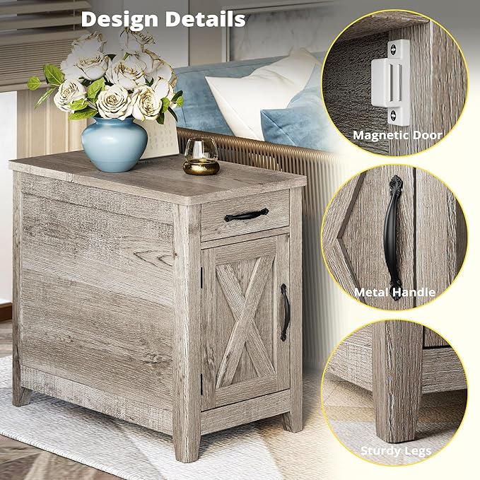 IRONCK End Table with Charging Station, Narrow Side Table for Living Room, Farmhouse Night Stand for Bedroom, Beside Table with Storage and Drawer for Home, Beige Maple