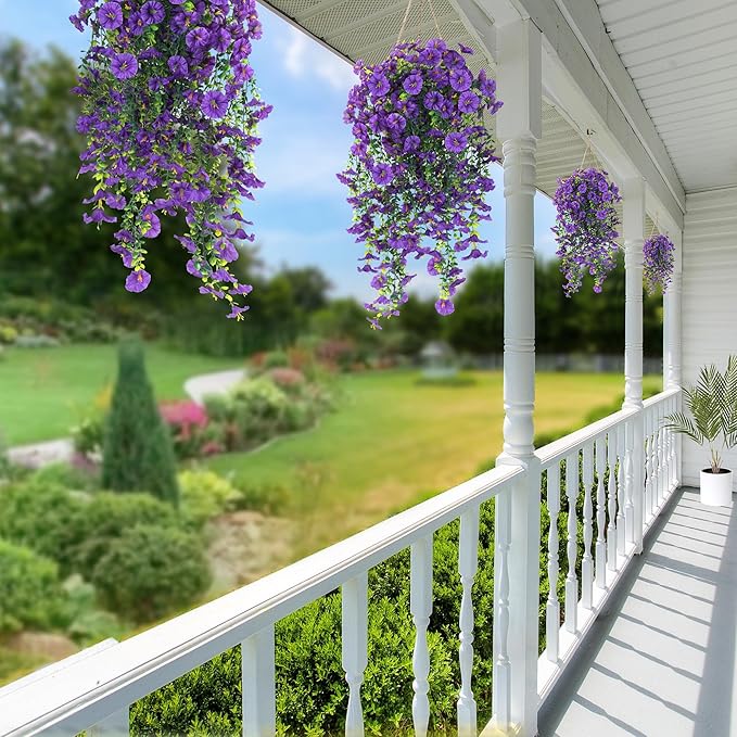Sggvecsy Artificial Fake Hanging Flowers Plants for Outdoor Outside Spring Summer Decoration 2PCS Faux Silk UV Resistant Realistic Morning Glory with Eucalyptus for Home Porch Patio Balcony(Purple)